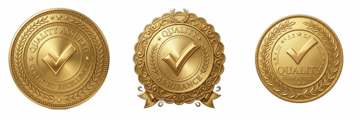 Set of three premium golden quality assurance seals with checkmark symbols, classic metallic reward badges isolated on white background, professional symbols for product certification, guarantee and c © ploki