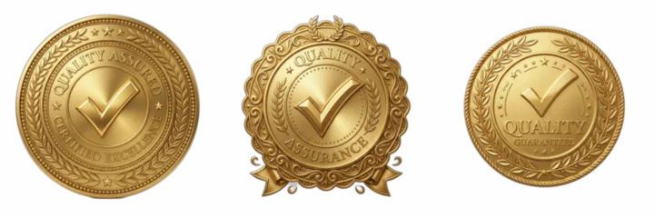 Fotobehang Goud Set of three premium golden quality assurance seals with checkmark symbols, classic metallic reward badges isolated on white background, professional symbols for product certification, guarantee and c  © ploki