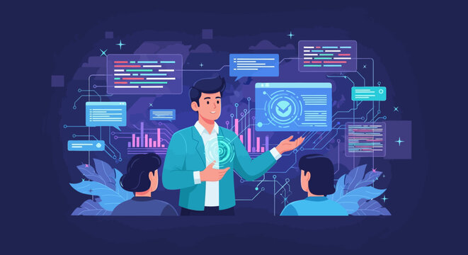Man teaching coding and data analysis to students.