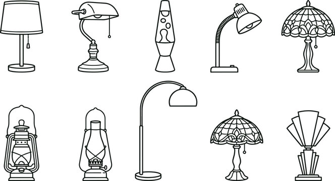 Collection of various lamp styles including desk lights, floor lamps, vintage lanterns, and stained glass shades in a black line style