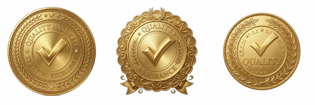 Set of three premium golden quality assurance seals with checkmark symbols, classic metallic reward badges isolated on white background, professional symbols for product certification, guarantee and c