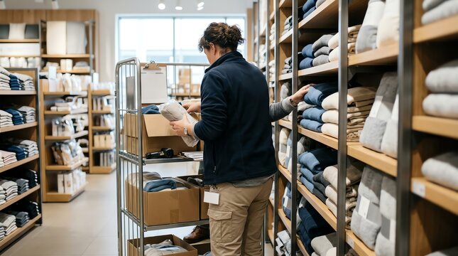 Worker organizing inventory and stocking folded textile merchandise onto retail shop shelves from a transport trolley