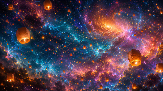 Vibrant cosmic panorama featuring swirling galaxies, glowing stars, and floating lanterns in an imaginative celestial scene.