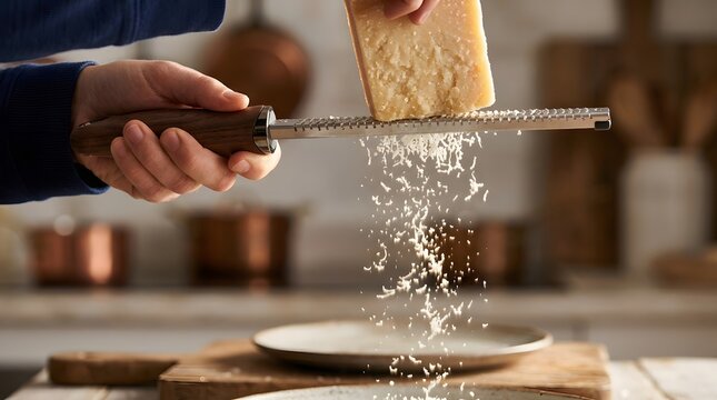 Close Up of Human Hands Grating Parmesan Cheese with Metal Zester Grater Over Plate in Kitchen