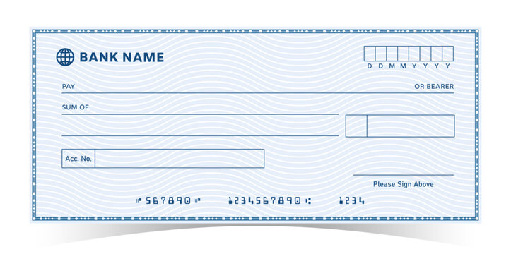 Blank check template in blue. Money bank cheque, currency voucher or cash coupon. Empty bank checkbook template with realistic shadow isolated on a transparent background
