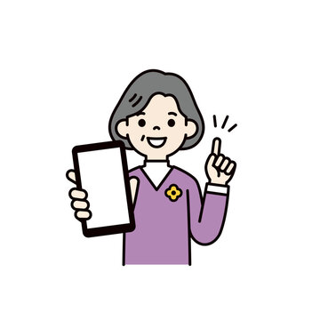 スマホのディスプレイを見せて笑顔で教える、シニア女性・おばあちゃんのベクターイラスト素材