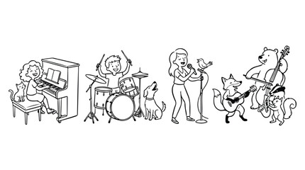 Hand drawn doodle music band with people and animals, cute musical characters playing instruments, black and white outline vector set © Shahzad