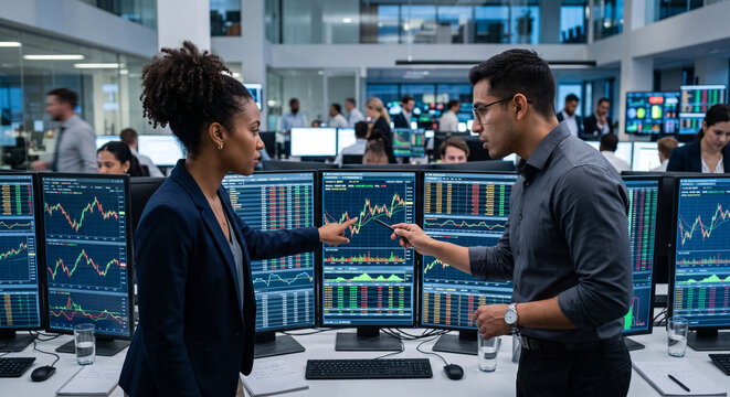 Diverse financial traders collaborating over data monitors in trading room.