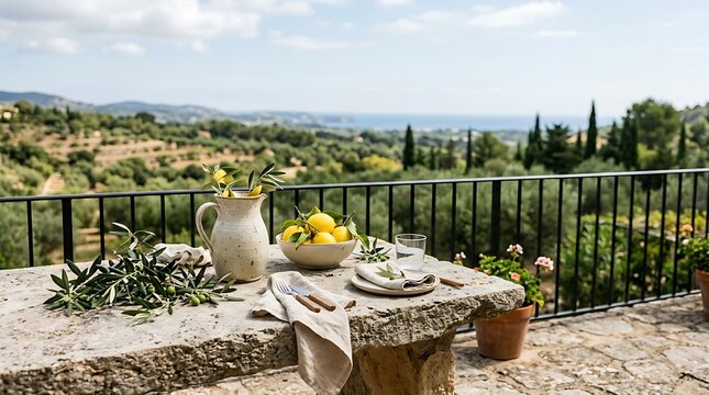 Rustic stone table setting with fresh lemons, an olive branch, and ceramic pitcher on a terrace overlooking a scenic landscape of Mediterranean hills and the blue sea.