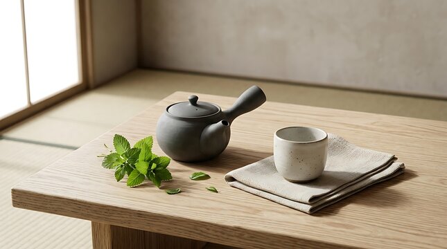 Traditional Japanese kyusu clay teapot with a ceramic tea cup, linen napkin, and fresh mint leaves arranged on a minimalist oak wooden table in a serene interior.