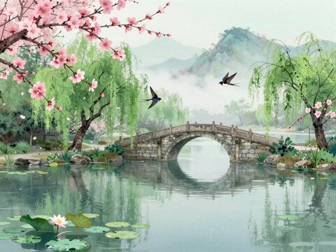 Traditional Chinese landscape with stone arch bridge cherry blossoms weeping willows swallows in flight and lotus pond under misty mountains