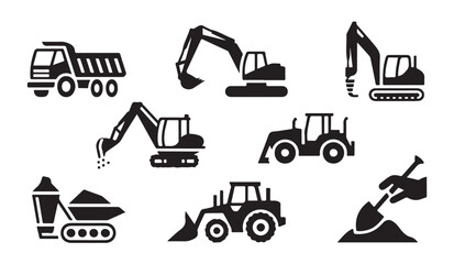 Set of industrial construction machinery icons featuring dump truck excavator and shovel. © parul