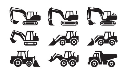 Industrial heavy machinery icons set including excavators loaders and dump truck symbols. © parul