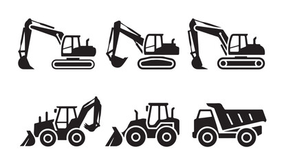 Excavator and dumper truck icon set. construction machinery black silhouettes isolated on white. © parul