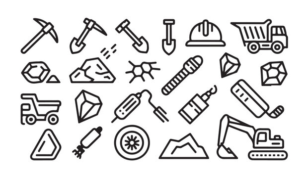 Mining and construction linear icons set featuring tools rocks vehicles and site gear.