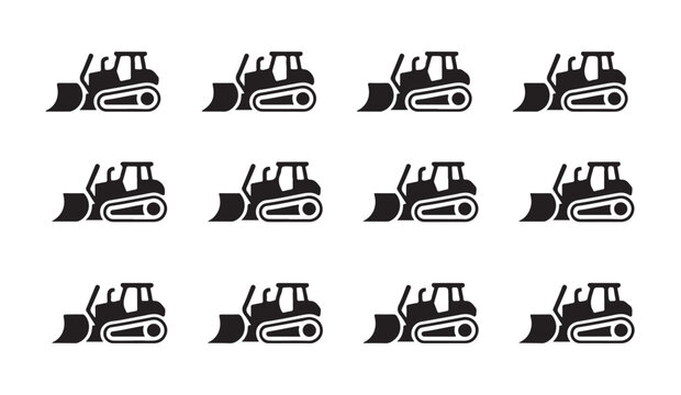 Collection of bulldozer icons representing heavy earth moving machinery for building job.