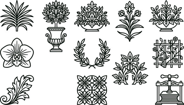 Set of decorative botanical including floral arrangements, wreaths, and ornate plant motifs in a black and white line style