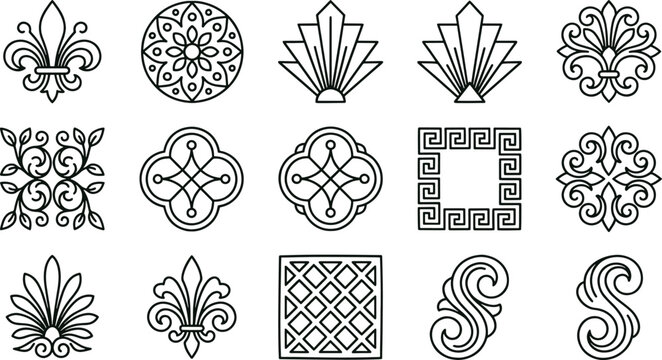 Set of decorative geometric and floral ornaments, black and white line featuring fleur de lis, sunbursts, scrollwork, and square patterns