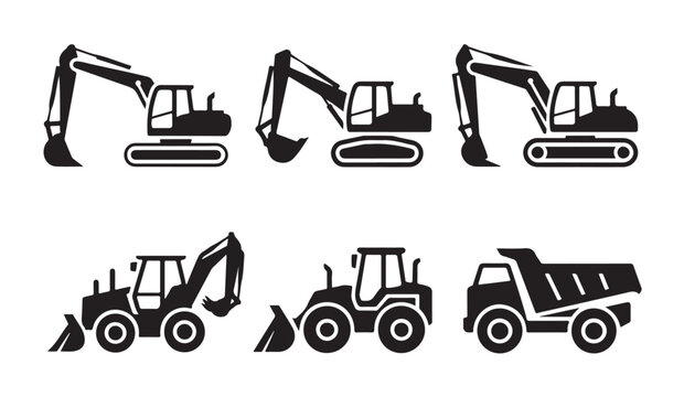 Excavator and dumper truck icon set. construction machinery black silhouettes isolated on white.