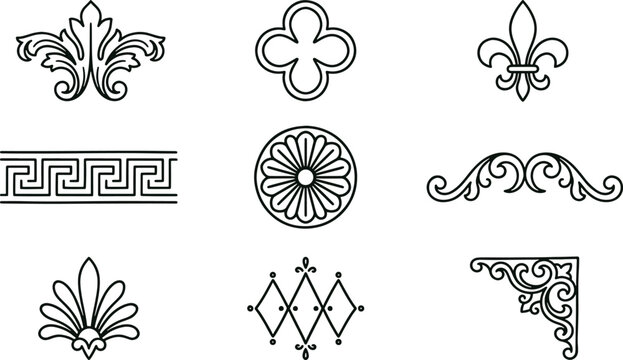 Set of decorative vintage ornaments, scrollwork, and architectural motifs, black and white line featuring fleur de lis and geometric borders