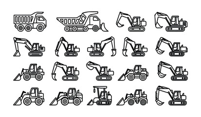 Comprehensive collection of construction vehicle icons including dump trucks excavators. © parul