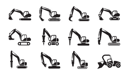Variety of excavator silhouettes depicting construction machinery for industrial projects. © parul
