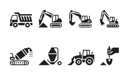 Heavy construction vehicle icons with cement mixer dump truck excavator and loader symbols. © parul