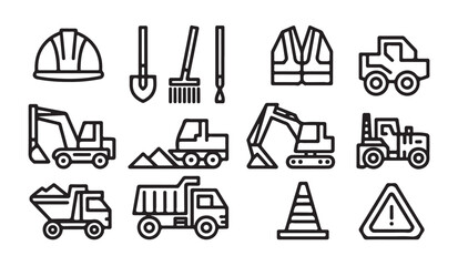 Industrial construction equipment and tools line icon set in flat design on white background. © parul