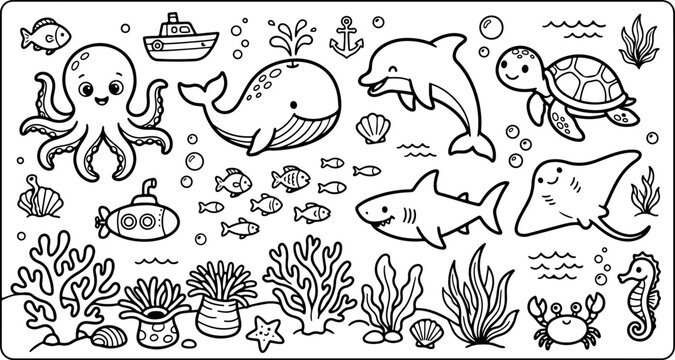 sc&egrave;ne de vie marine contour de dessin anim&eacute; dessin&eacute; &agrave; la main illustration d'art en ligne doodle art page &agrave; colorier pour les enfants