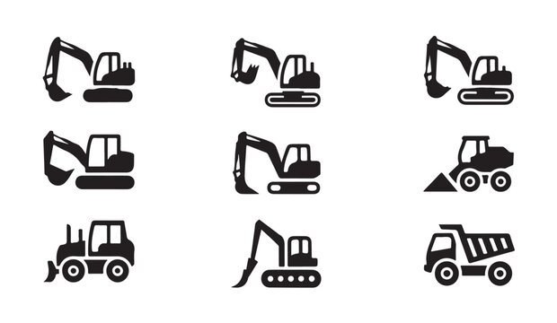 Industrial heavy machinery icons set including excavators dump truck and loader tractors.