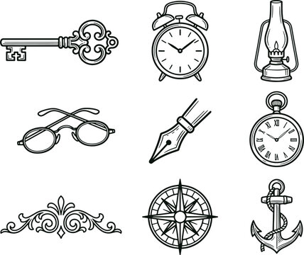 Vintage and antique line featuring ornate keys, alarm clocks, oil lamps, glasses, fountain pens, pocket watches, and anchors