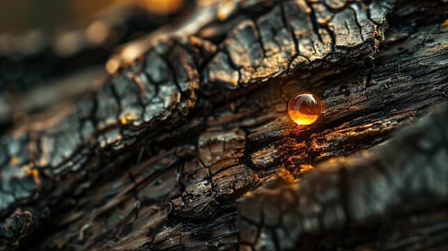 Dried pine resin bead on branch close up