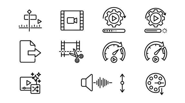 Video editing and digital media production line icons