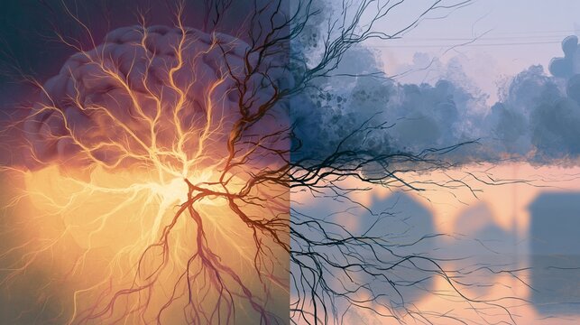 Neural pathways brighten and dim across a developing brain in a split-screen concept, supportive home shapes blurred in the background, reflective mood, soft evening light, balanced composition