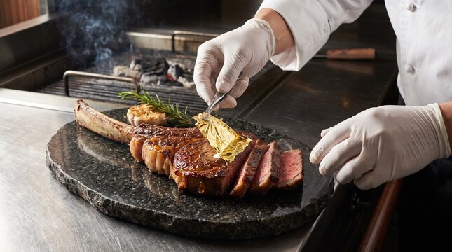 Professional Chef Applying 24K Edible Gold Leaf to Gourmet Tomahawk Steak
