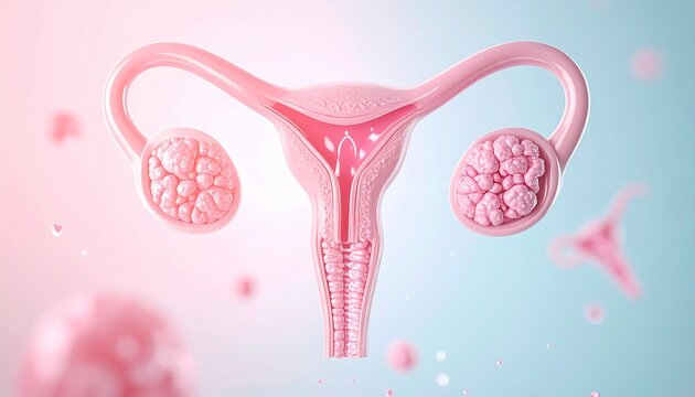 Artistic representation of the female reproductive system, featuring a pink uterus, ovaries, and fallopian tubes with subtle.