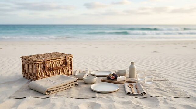 A cozy picnic setup on a sandy beach featuring a wicker hamper basket, linen blanket, ceramic plates, snacks, and glasses, looking out toward a calm turquoise ocean backdrop view.
