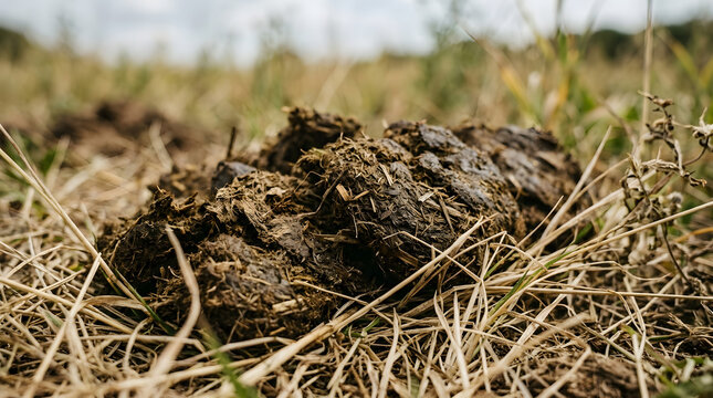 Close-up of animal manure on grass in natural outdoor setting