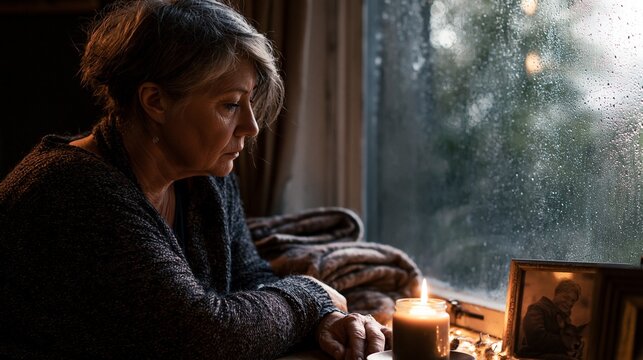 A middle-aged woman in a dark sweater sits by a rain-streaked window, folded blanket at her side, a lit candle on the table, and a framed photo nearby, capturing grief, memory, and quiet resilience.