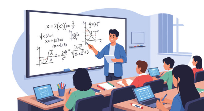 Male teacher explaining complex math equations on whiteboard to students in classroom.