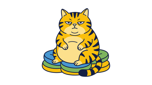 Grumpy Fat Tiger Cat Sitting on Stacked Cushions