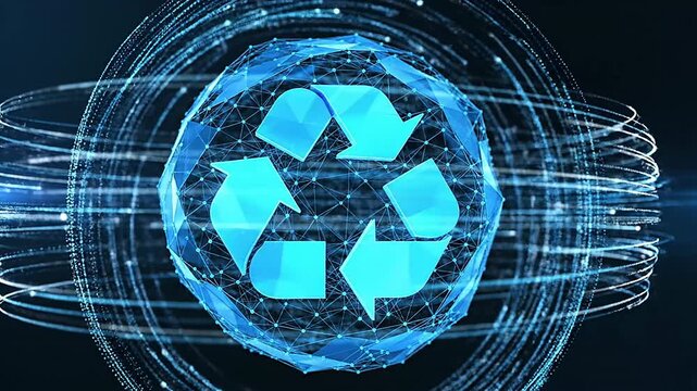 Glowing blue low poly mesh recycling symbol rotates in a dark space with modern look  appears bright against the dark background.