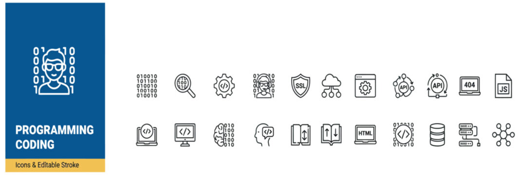 Comprehensive set of programming and coding line icons for software development and web design