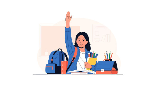 Young student raising hand in classroom eager to answer question.