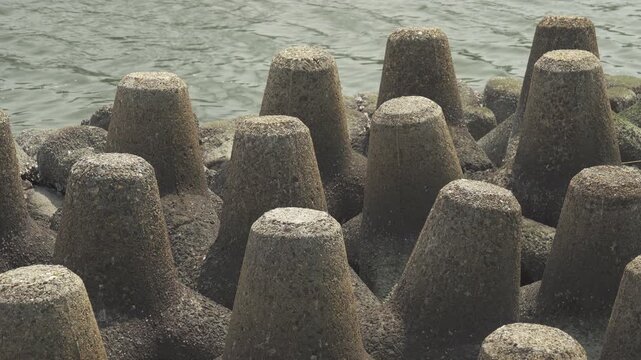 海岸に整然と並ぶテトラポッド（消波ブロック）と夏の海面（幾何学的な造形美）