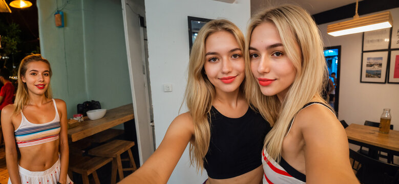 two beautiful young caucasian blonde women taking a closeup selfie together while relaxing inside a warm cozy illuminated modern cafe or restaurant.