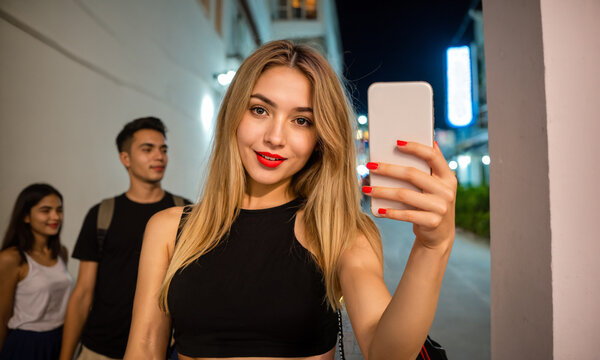 cheerful young caucasian blonde woman holding a smartphone to take a selfie on an illuminated urban street scene at night with blurred pedestrians passing.