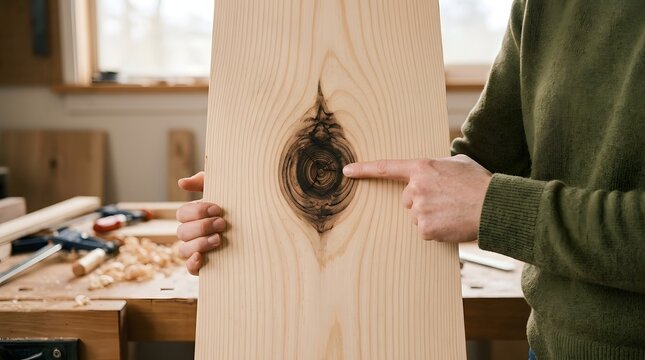 Carpenter pointing finger at large dark wood knot defect on pine timber plank board