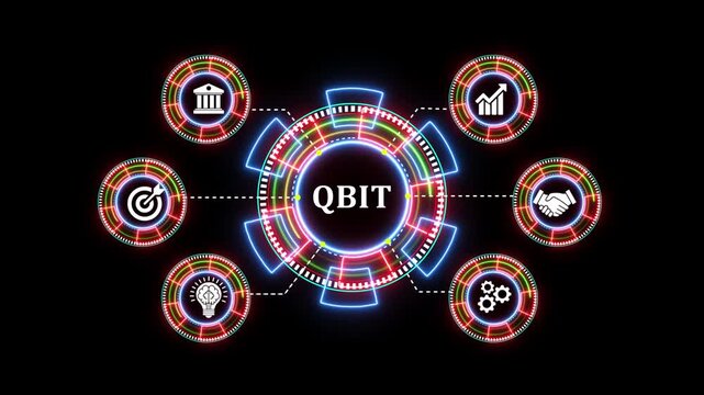 Quantum bit qbit technology animation with holographic icons on black backdrop.