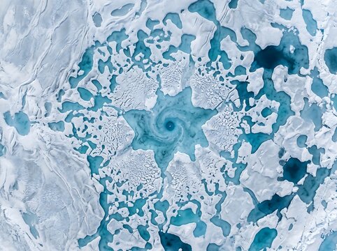 Abstract Snowflake Pattern of Ice in Ocean Top View